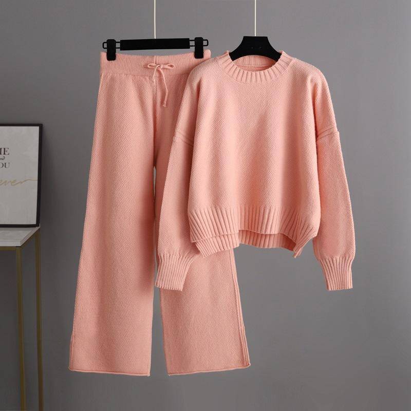 Herbst Winter Kausalen Gestrickte Pullover Anzug Hosen Frauen Lose Pullover Breite Bein Hosen Zwei Stück Set OneSize rosa von Joom DACH