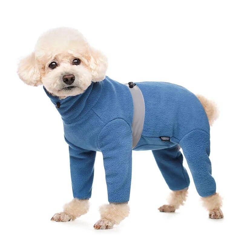 Herbst-Winter-Kleidung für kleine Hunde, weicher, warmer Polar-Fleece-Haustier-Overall, reflektierender Mantel mit vollständig geschlossenem Bauch, für Jungen und Mädchen M blau von Joom DACH