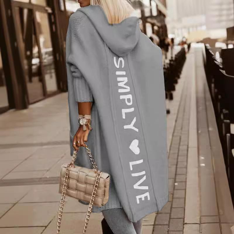 Herbst Winter Lazy Style Lockere Mittellange Jacke Mit Kapuze Strickjacke Strickpullover Damen Langarm Mantel Lange Strickjacke Taschenmantel Bürodame L grau von Joom DACH