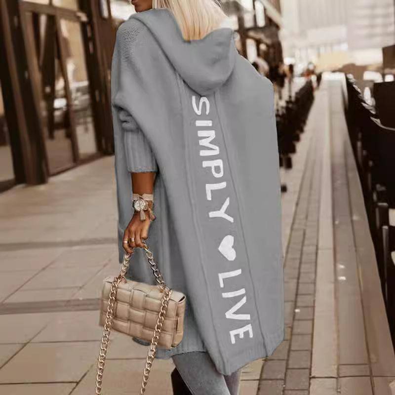 Herbst Winter Lazy Style Lockere Mittellange Jacke Mit Kapuze Strickjacke Strickpullover Damen Langarm Mantel Lange Strickjacke Taschenmantel Bürodame L grau von Joom DACH