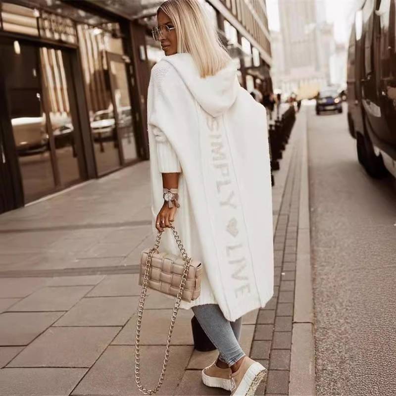 Herbst Winter Lazy Style Lockere Mittellange Jacke Mit Kapuze Strickjacke Strickpullover Damen Langarm Mantel Lange Strickjacke Taschenmantel Bürodame M beige von Joom DACH
