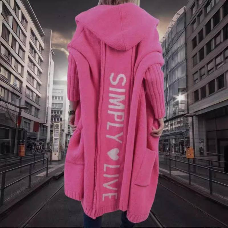 Herbst Winter Lazy Style Lockere Mittellange Jacke Mit Kapuze Strickjacke Strickpullover Damen Langarm Mantel Lange Strickjacke Taschenmantel Bürodame XXL rose rot von Joom DACH