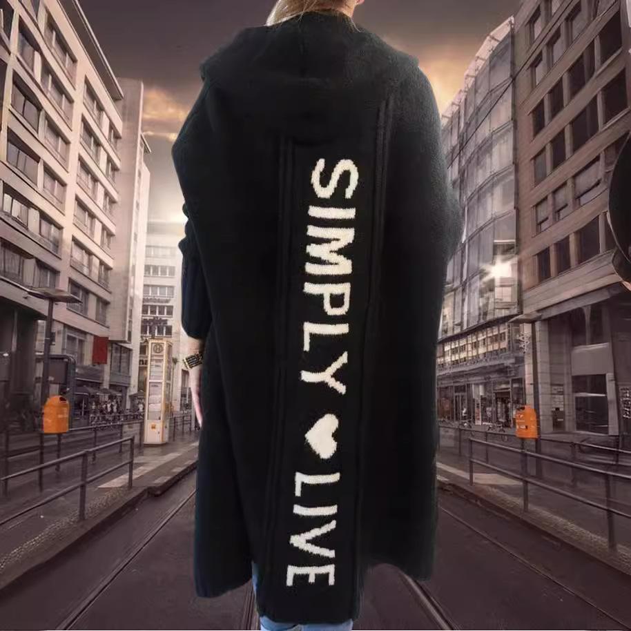 Herbst Winter Lazy Style Lockere Mittellange Jacke Mit Kapuze Strickjacke Strickpullover Damen Langarm Mantel Lange Strickjacke Taschenmantel Bürodame XXL schwarz von Joom DACH