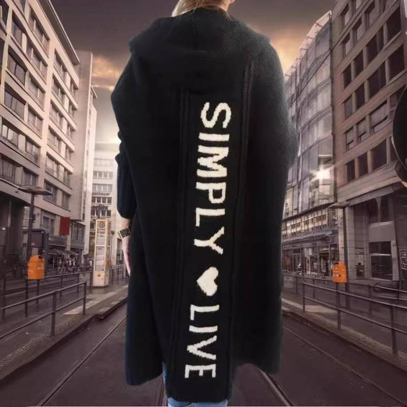Herbst Winter Lazy Style Lockere Mittellange Jacke Mit Kapuze Strickjacke Strickpullover Damen Langarm Mantel Lange Strickjacke Taschenmantel Bürodame XXL schwarz von Joom DACH