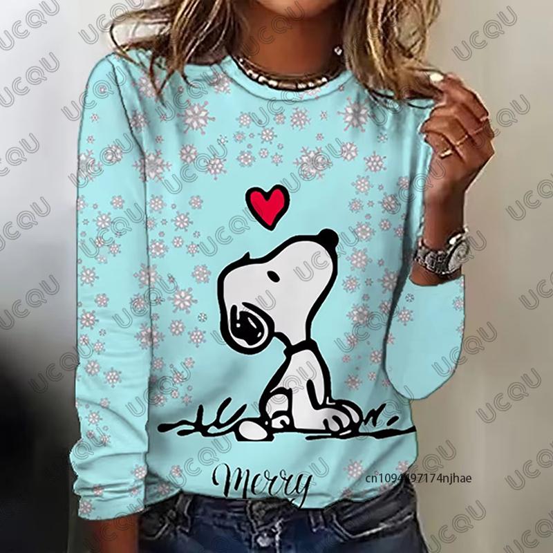 Herbst Winter Neu Cartoon Snoopy Print Damen Langarm T-Shirt Mode O-Ausschnitt T-Shirts Lässiges Sweatshirt Übergroße Damenbekleidung S von Joom DACH