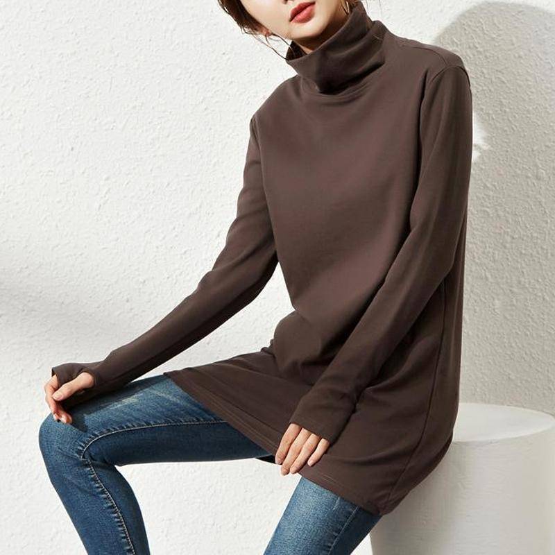 Herbst Winter Neue Einfarbige Mode Langarm T-Shirts Damen High Street Lässig Locker Mittellang Pullover Koreanischer Stil Oberteile 3XL kaffeebraun von Joom DACH