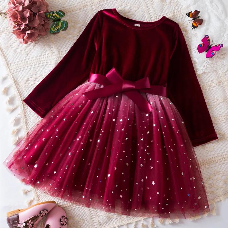 Herbst Winter Neue Mädchen Langarm Kleid Samt Patchwork Sterne Gradient Mesh Prinzessin Kleid Weihnachten Rot Party Abendkleider 110cm (5Years) rot von Joom DACH
