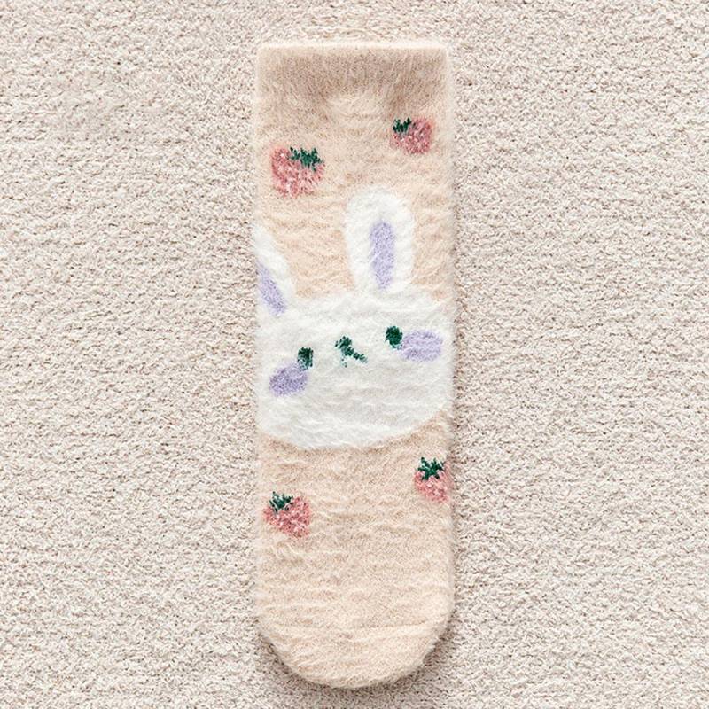 Herbst Winter Niedliche Kaninchen Korallenfleece Socken für Damen Weiche Thermische Mittelhohe Socken Paar Zuhause Boden Schlafen Kniestrümpfe One Size von Joom DACH