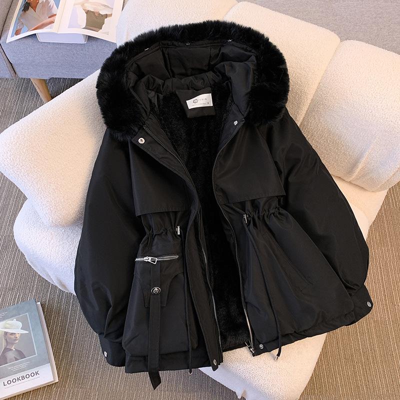 Herbst-Winter-Parkas-Mantel Damen Baumwolle-gepolsterter Plüsch-Warmmantel Damen Langarm-Reißverschluss-Kapuzen-Kordelzug-Parkas XL schwarz von Joom DACH