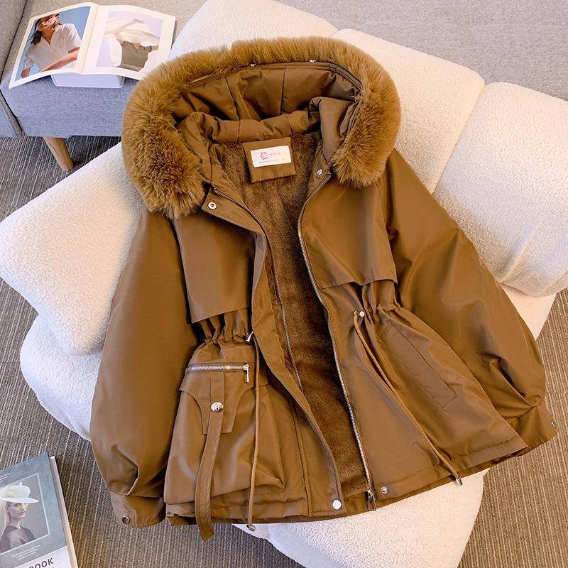 Herbst-Winter-Parkas-Mantel Damen Baumwolle-gepolsterter Plüsch-Warmmantel Damen Langarm-Reißverschluss-Kapuzen-Kordelzug-Parkas XXXL kaffeebraun von Joom DACH