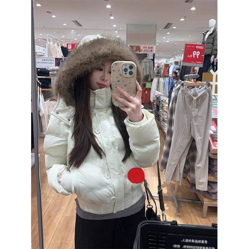 Herbst Winter Pelz Kapuzenjacke Damen Oberbekleidung Dicke Daunen Baumwolle Gepolstert Slim Kurz Parkas Weiblich Cropped Puffer Bubble Coat M von Joom DACH