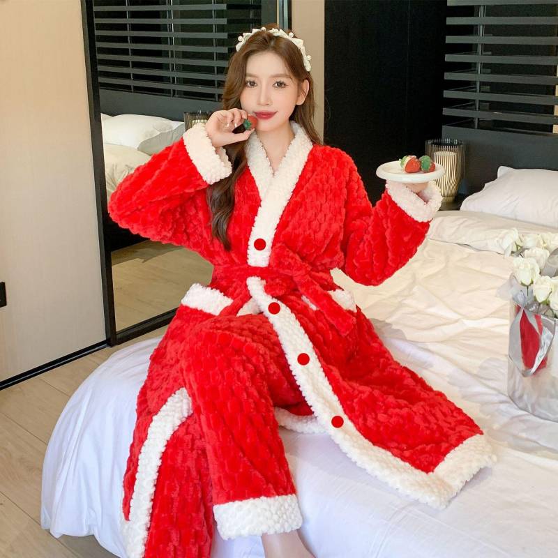 Herbst Winter Pyjamas Damen Korallenfleece Nachtwäsche Warm Plüsch Strickjacken Bademäntel Flanell Hauskleidung Rot Neujahr Nachtwäsche 2XL rot von Joom DACH