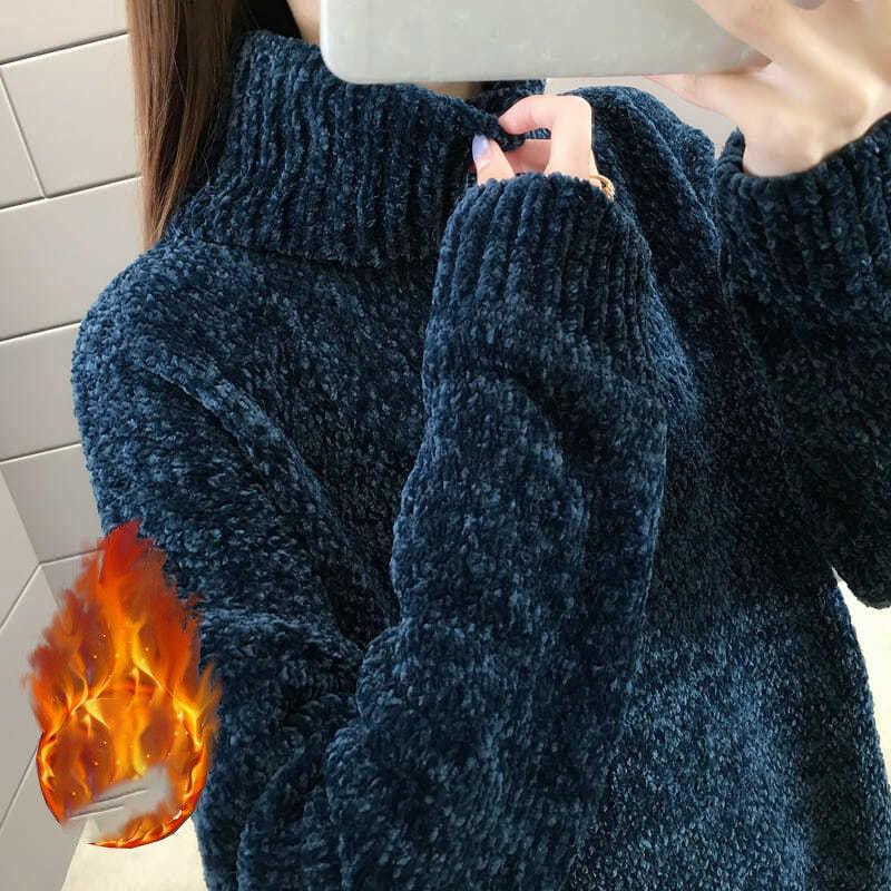Herbst Winter Rollkragenpullover Damen Locker Elastisch Dick Gestrickte Pullover Uni Damen Warmes Basic-Shirt XXXL dunkelblaue von Joom DACH