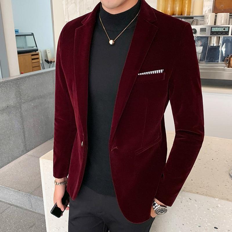 Herbst Winter Samt Blazer Hohe Qualität Slim Fit Anzug Jacke Mode Lässig Männer Bräutigam Sänger Kostüm Formale Abendkleid M rot von Joom DACH