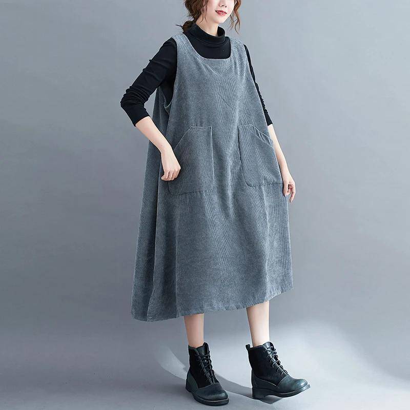 Herbst Winter Schwarz Grau Braun Cord Kleid Ärmelloses Tank Top A-linie Kleid Frauen Front Taschen Vintage Midi Vestidos M blau von Joom DACH