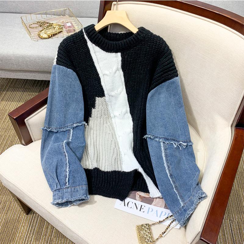 Herbst Winter T-Shirt Übergroßen Frauen Pullover Denim Oansatz Patchwork Pullover Stricken Grundlegende Blau Mode Lose Pullover One Size schwarz von Joom DACH