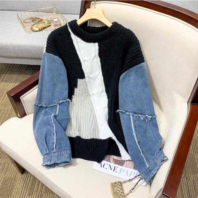Herbst Winter T-Shirt Übergroßen Frauen Pullover Denim Oansatz Patchwork Pullover Stricken Grundlegende Blau Mode Lose Pullover One Size schwarz von Joom DACH