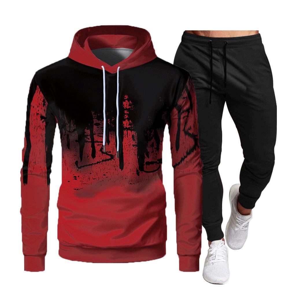 Herbst Winter Trainingsanzug Männer Drucken Mit Kapuze 2 Stück Sets Herren Outfits Anzug Männer Fleece Sport Hoodie Jogginghose Zwei Stück Sets XXXL rot von Joom DACH