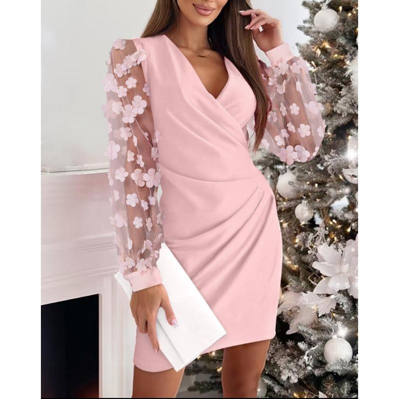 Herbst Winter V-Ausschnitt Spitze Langarmkleid mit umwickelter Gesäßtaille für Damen Abendkleider S rosa von Joom DACH
