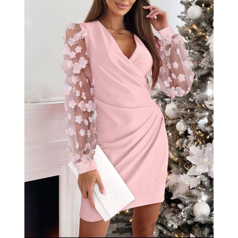 Herbst Winter V-Ausschnitt Spitze Langarmkleid mit umwickelter Gesäßtaille für Damen Abendkleider S rosa von Joom DACH
