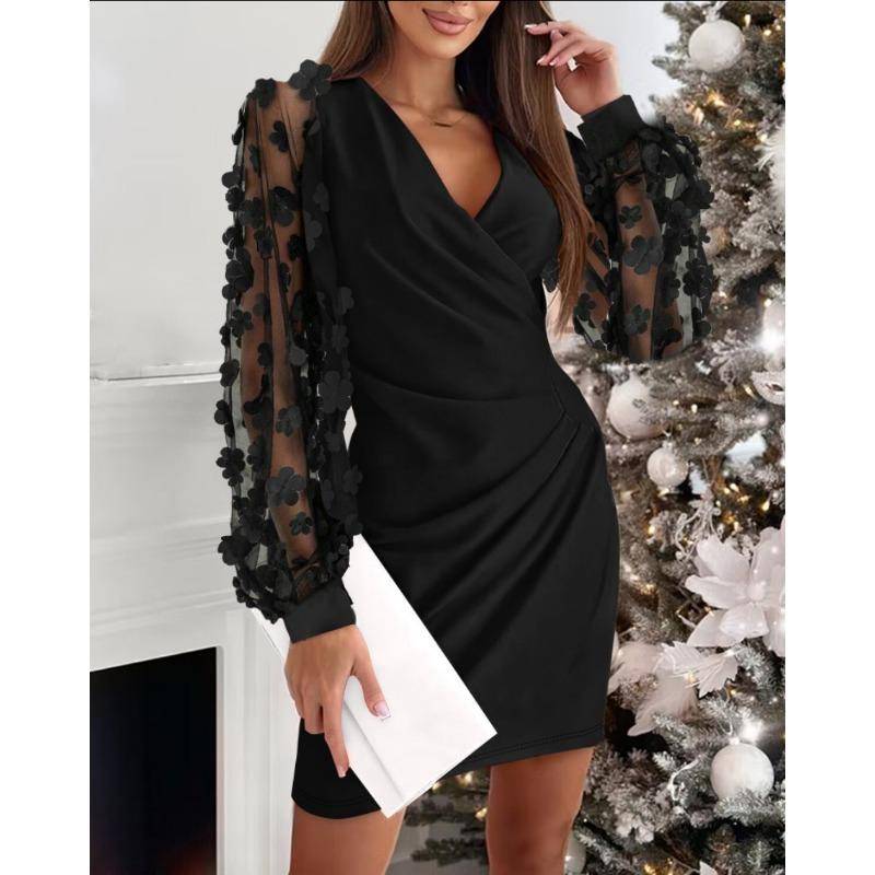 Herbst Winter V-Ausschnitt Spitze Langarmkleid mit umwickelter Gesäßtaille für Damen Abendkleider XL von Joom DACH