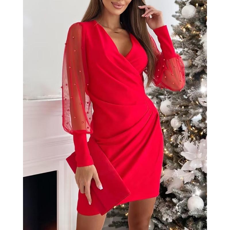 Herbst Winter V-Ausschnitt Spitze Langarmkleid mit umwickelter Gesäßtaille für Damen Abendkleider XXL rot von Joom DACH
