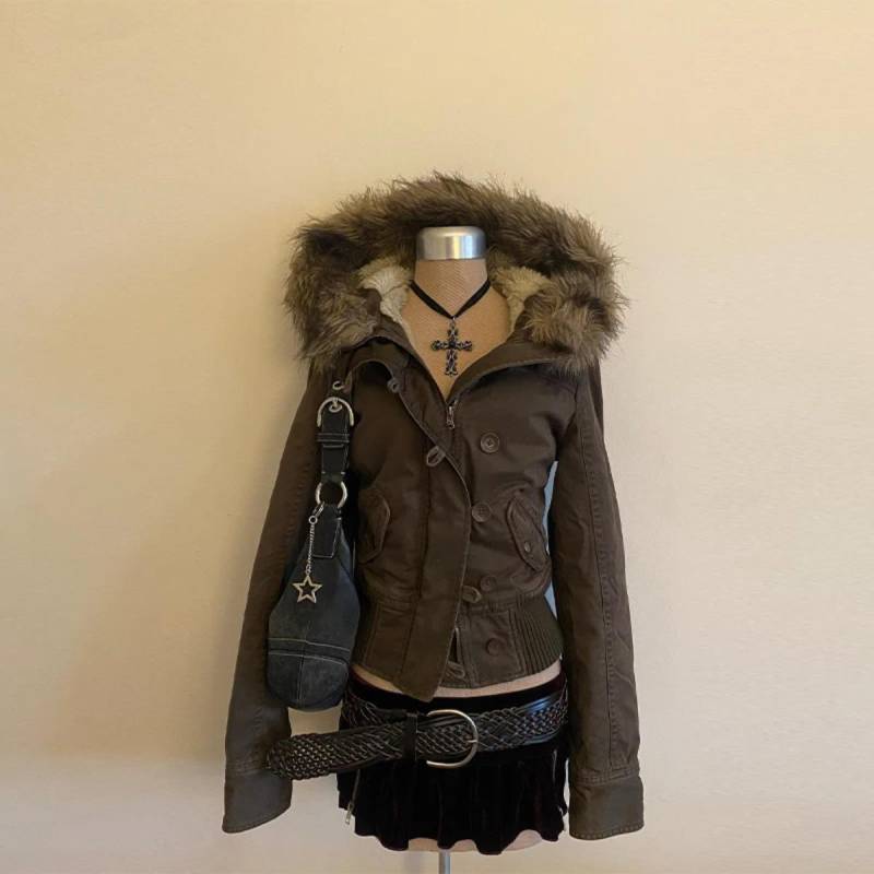 Herbst Winter Vintage Braun Kurze Kapuzenjacke Damen Langarm Slim Abnehmbarer Pelzkragen Warm Weiblich Y2k Oberbekleidung S von Joom DACH