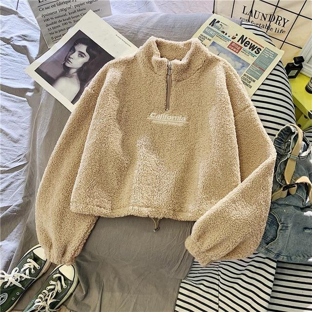 Herbst Winter Warme Kaschmir Sweatshirt frauen Mode Plüsch Lose Brief Koreanische Kurze Jacke Sweatshirt S khaki von Joom DACH