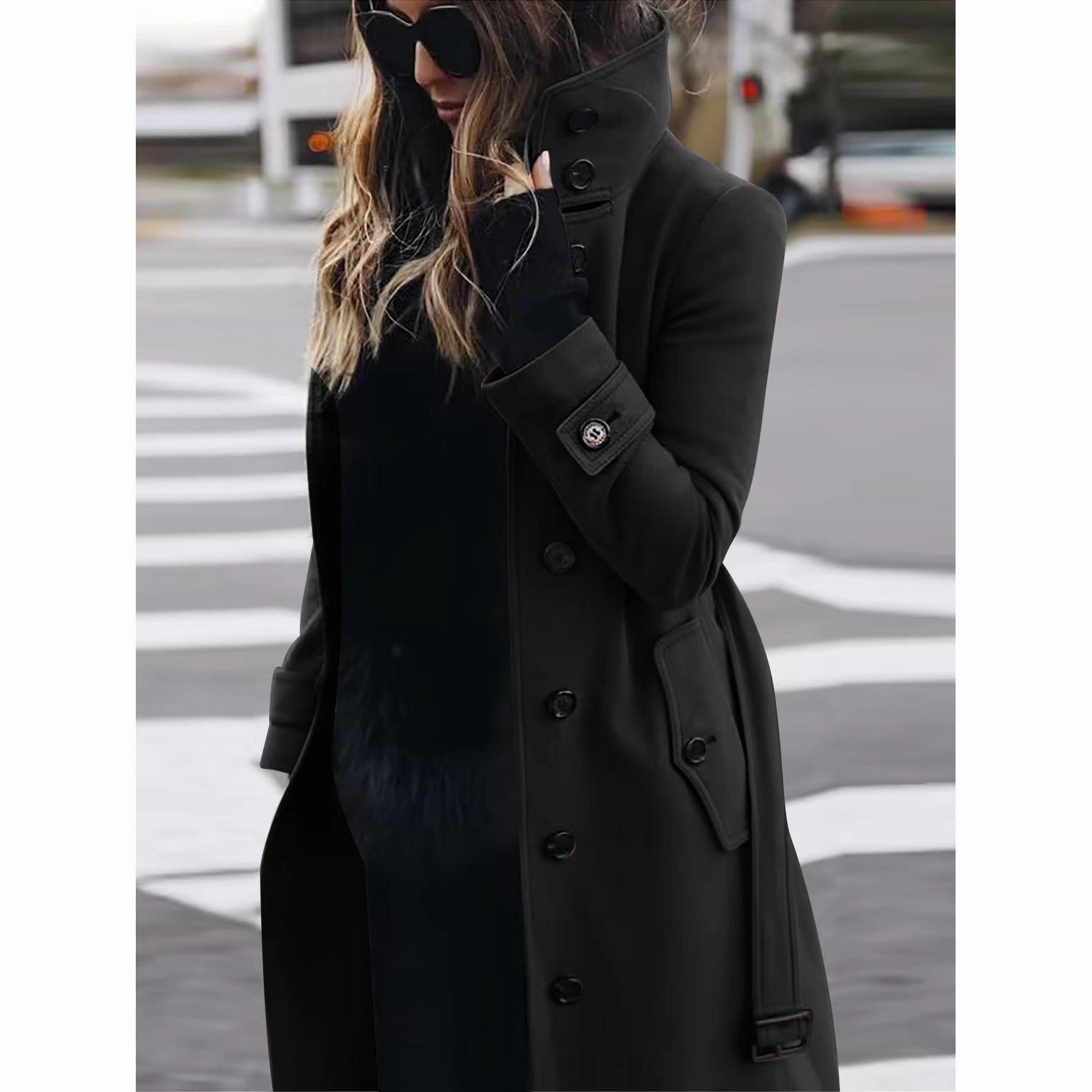 Herbst Winter Wollmantel Damen Slim Fit Cardigan Großer Mantel Damen Langarm Einreihig Stehkragen Wollmantel M schwarz von Joom DACH