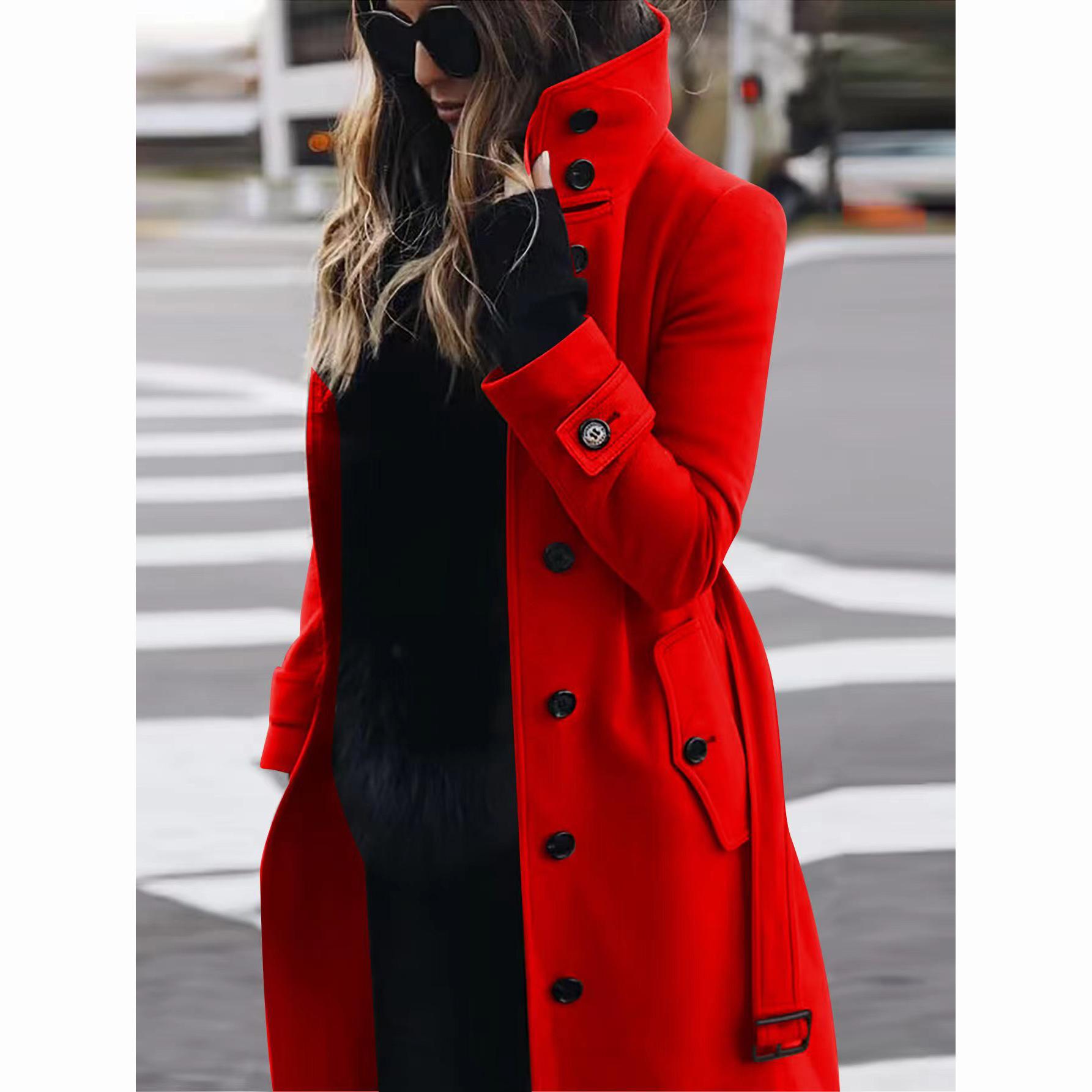 Herbst Winter Wollmantel Damen Slim Fit Cardigan Großer Mantel Damen Langarm Einreihig Stehkragen Wollmantel XS rot von Joom DACH