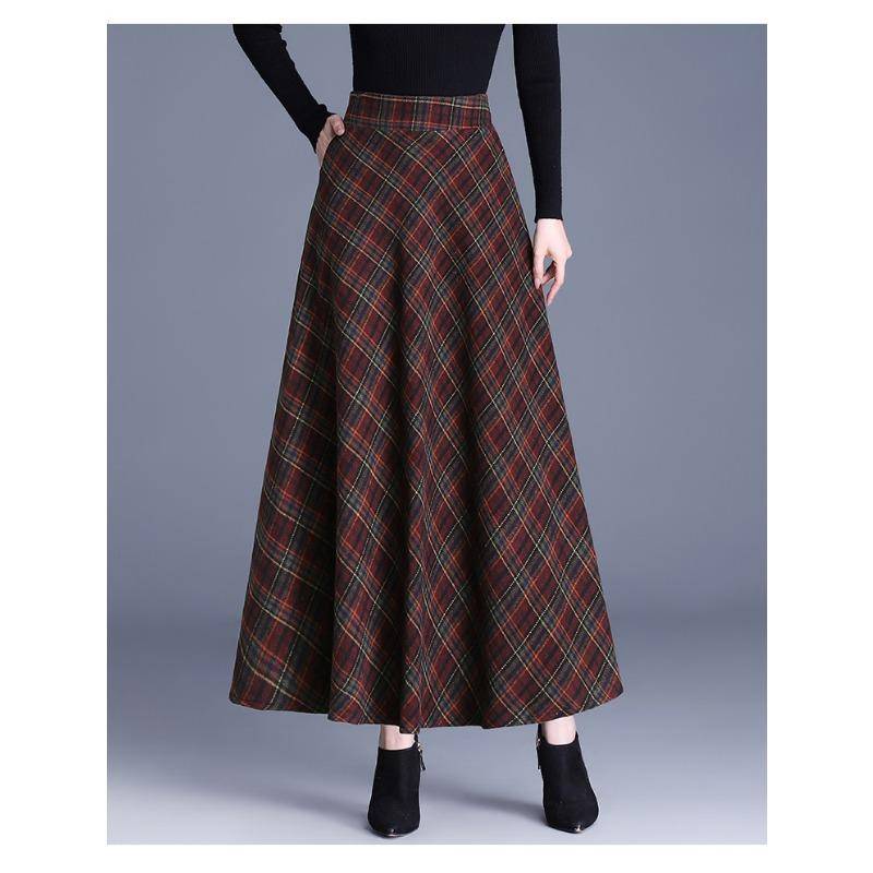 Herbst Winter Wollrock Hohe Taille Vielseitiger Plaidrock Frauen A-Linie Lange Röcke 2XL dunkelrote von Joom DACH