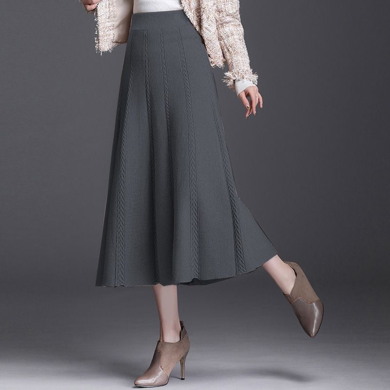 Herbst Winter frauen Temperament Midi Gestrickte Rock Weiblichen Rock Hohe Taille Verdicken Solide Schlanke Mid-länge A-linie Rock faltenrock 2XL graue von Joom DACH