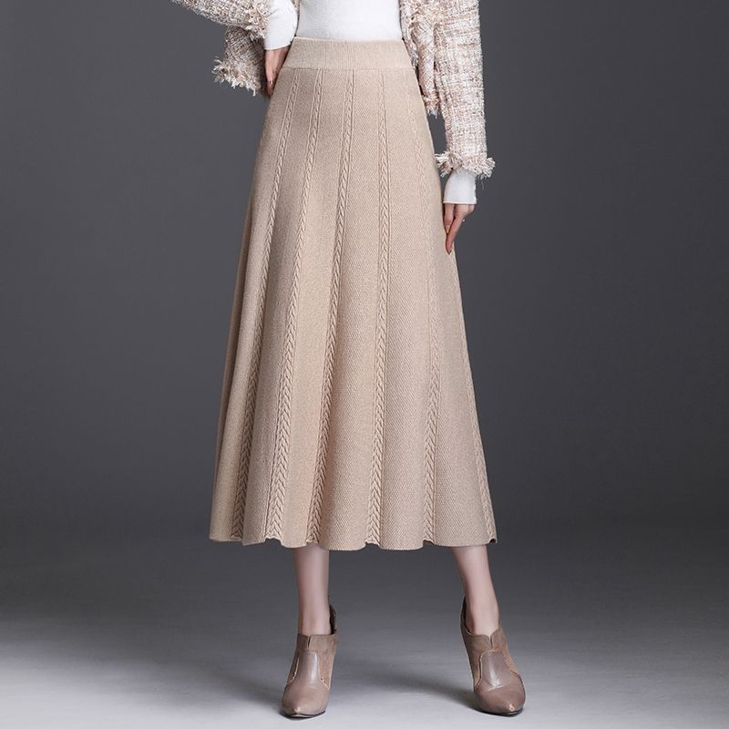 Herbst Winter frauen Temperament Midi Gestrickte Rock Weiblichen Rock Hohe Taille Verdicken Solide Schlanke Mid-länge A-linie Rock faltenrock 2XL apricot von Joom DACH