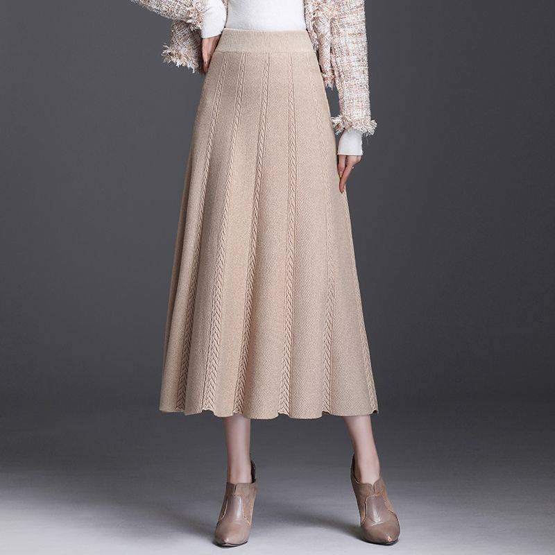 Herbst Winter frauen Temperament Midi Gestrickte Rock Weiblichen Rock Hohe Taille Verdicken Solide Schlanke Mid-länge A-linie Rock faltenrock 2XL apricot von Joom DACH