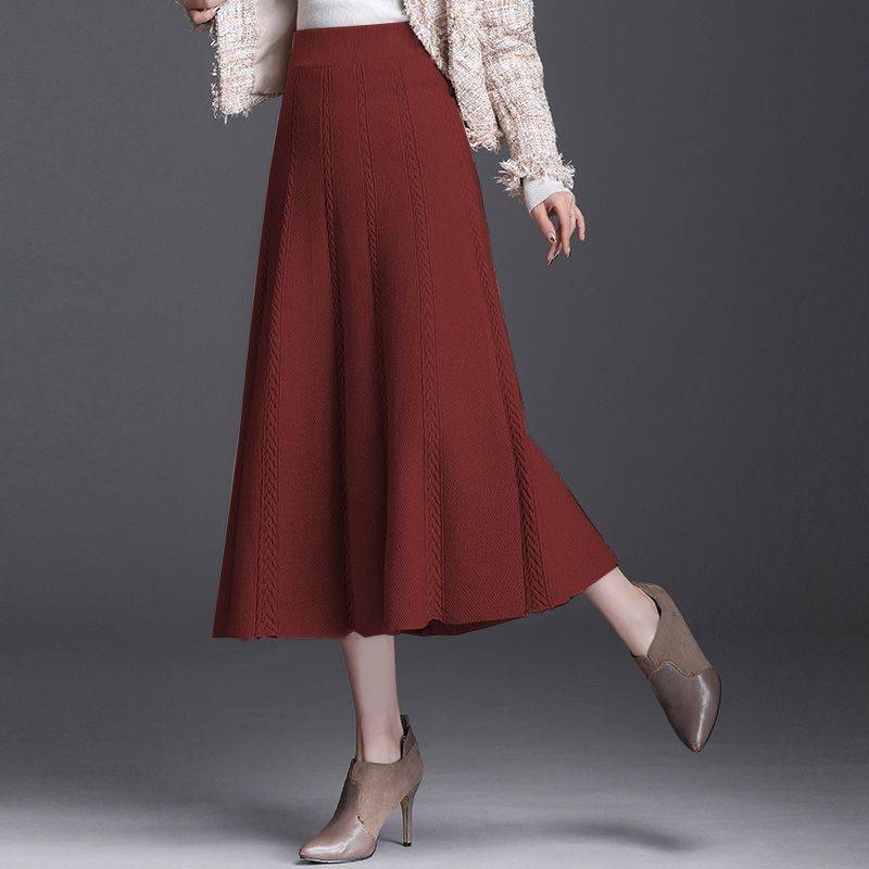 Herbst Winter frauen Temperament Midi Gestrickte Rock Weiblichen Rock Hohe Taille Verdicken Solide Schlanke Mid-länge A-linie Rock faltenrock 2XL bordeaux von Joom DACH