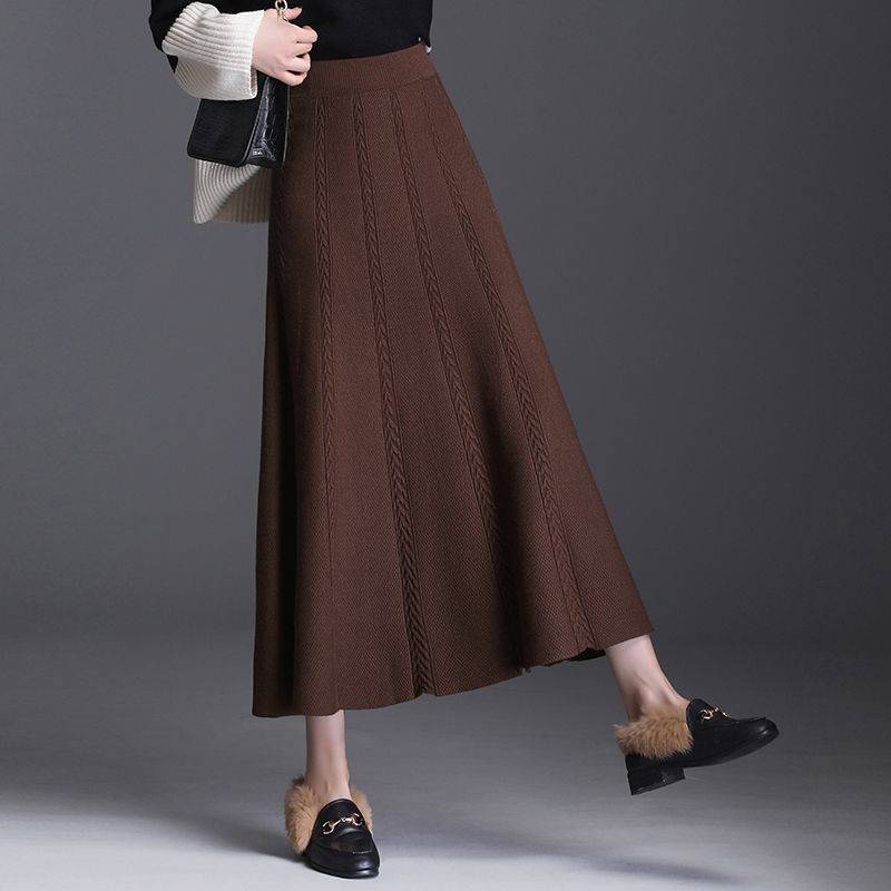 Herbst Winter frauen Temperament Midi Gestrickte Rock Weiblichen Rock Hohe Taille Verdicken Solide Schlanke Mid-länge A-linie Rock faltenrock 2XL dunkelbraune von Joom DACH