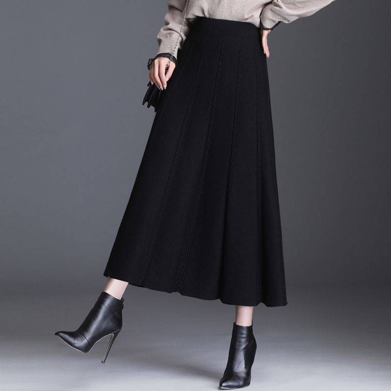 Herbst Winter frauen Temperament Midi Gestrickte Rock Weiblichen Rock Hohe Taille Verdicken Solide Schlanke Mid-länge A-linie Rock faltenrock S schwarz von Joom DACH
