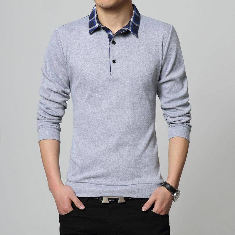 Herbst Winter männer Baumwolle Plaid Patchwork Revers Polo-Shirt Arbeit Tragen Langarm T-shirt Männer Grau Schwarz T Shirts M licht grau von Joom DACH