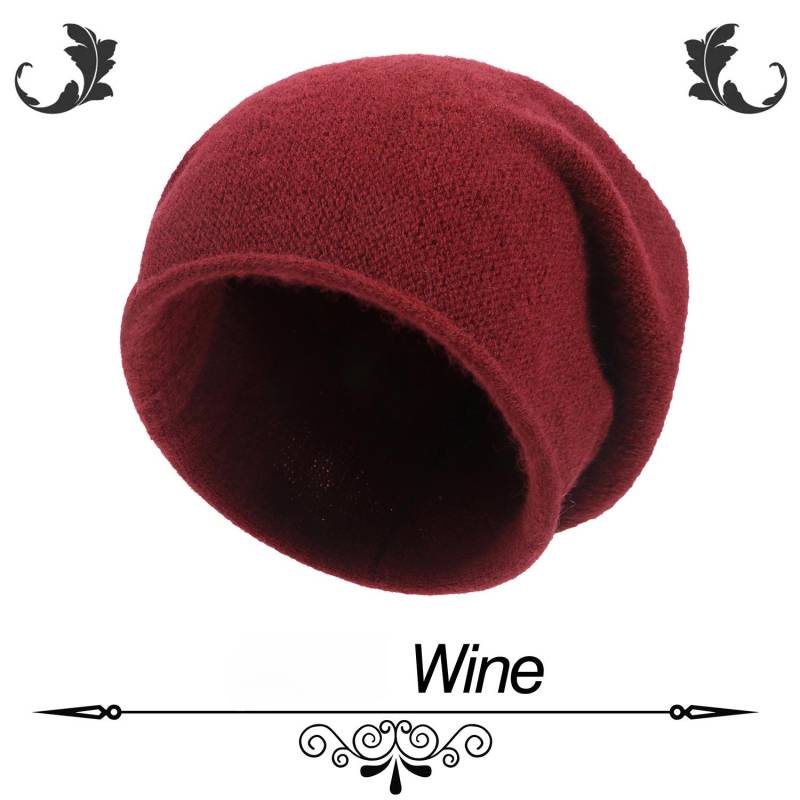 Herbst-Wintermützen für Damen, warm, großer Kopfumfang, kalte Mütze, gestrickte Wollpullovermützen bordeaux von Joom DACH