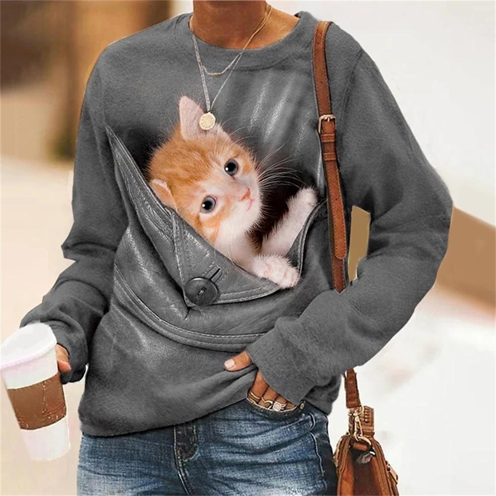 Herbst frauen T-shirt Kawaii Katze Pullover Langarm Sweatershirt Mode Streetwear Pullover Damen T Shirt Für Mädchen Kleidung S von Joom DACH