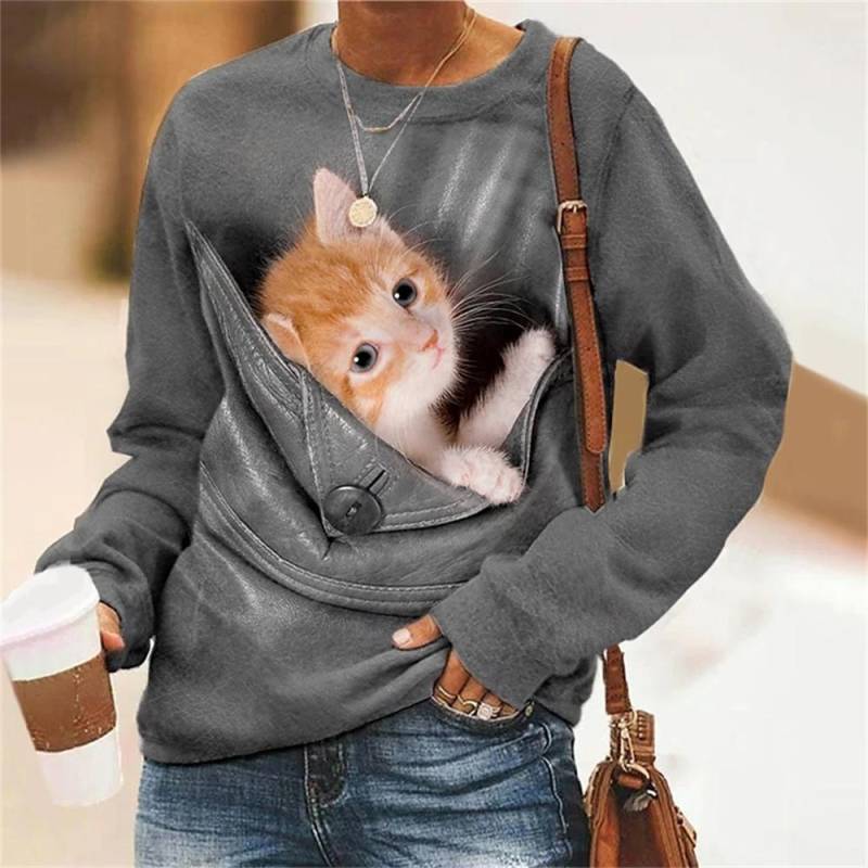 Herbst frauen T-shirt Kawaii Katze Pullover Langarm Sweatershirt Mode Streetwear Pullover Damen T Shirt Für Mädchen Kleidung S von Joom DACH