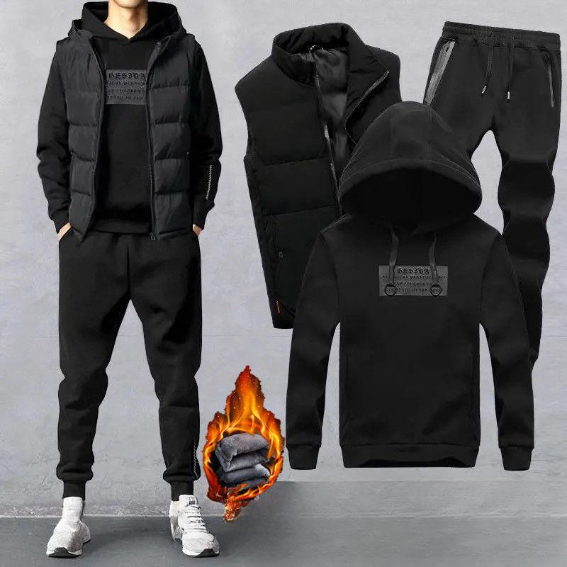Herbst- und Frühjahrs-Sportanzug Herren Dreiteiliger Anzug Kapuzenpullover Plus Samt Kleidung Weste Jacke Hose Sportanzug Herrenanzug XL schwarz/grau von Joom DACH