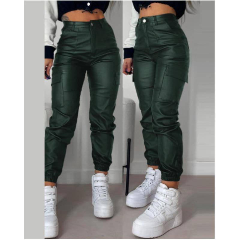 Herbst und Sommer Damen Hose Biker Reißverschluss Faltentaschen Mode PU Casual Patch Taschen Enge Hose mit kleinem Bein L grün von Joom DACH