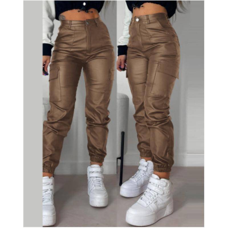 Herbst und Sommer Damen Hose Biker Reißverschluss Faltentaschen Mode PU Casual Patch Taschen Enge Hose mit kleinem Bein M braun von Joom DACH