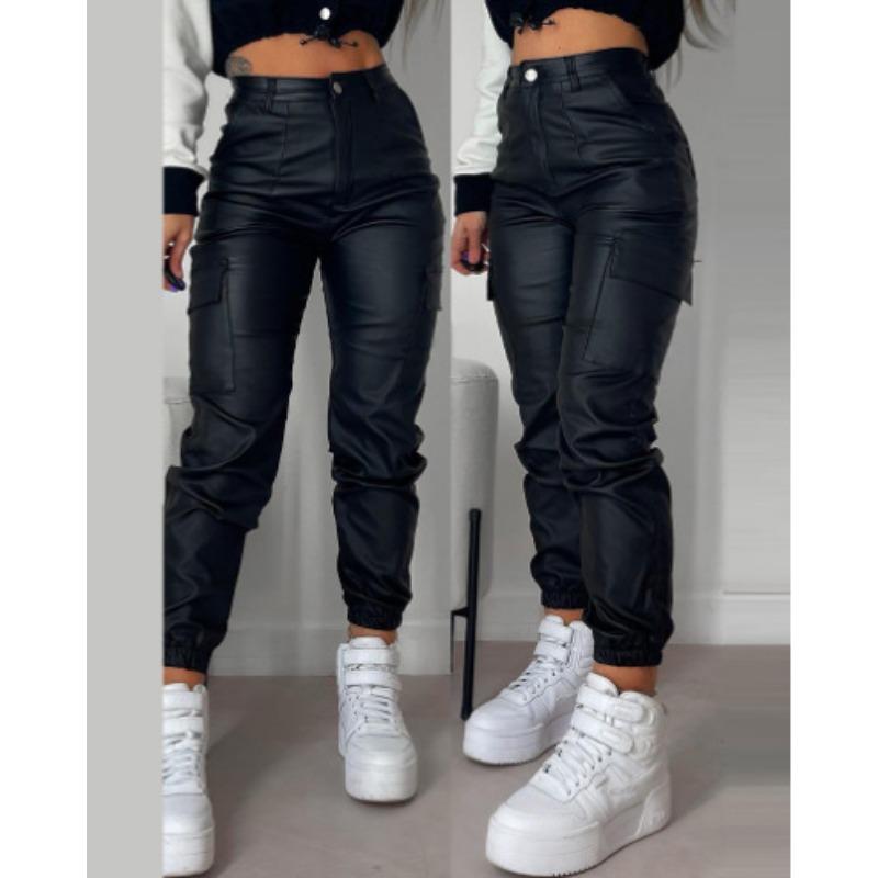 Herbst und Sommer Damen Hose Biker Reißverschluss Faltentaschen Mode PU Casual Patch Taschen Enge Hose mit kleinem Bein XL schwarz von Joom DACH