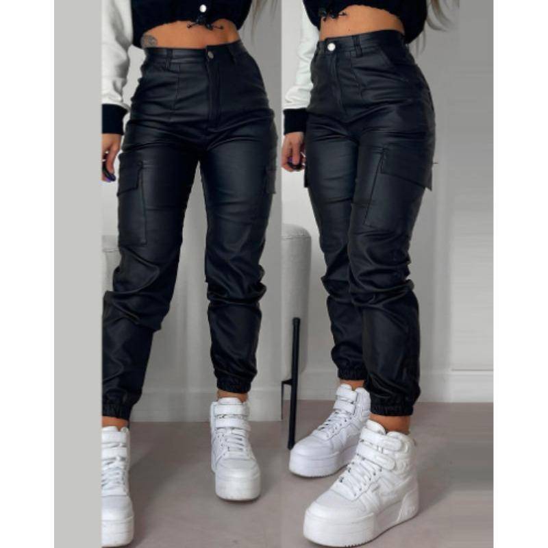 Herbst und Sommer Damen Hose Biker Reißverschluss Faltentaschen Mode PU Casual Patch Taschen Enge Hose mit kleinem Bein XL schwarz von Joom DACH