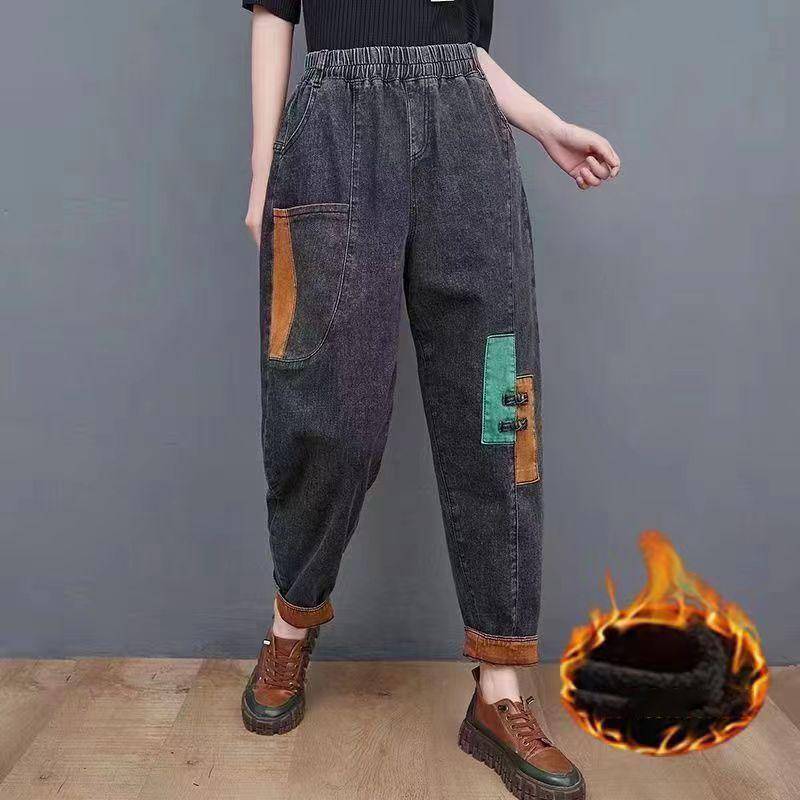 Herbst und Winter Art Retro Patchwork Single Velvet Jeans für Damen Hohe Taille Lose Schlank Vielseitige Dad Haremshose Trendy XL von Joom DACH