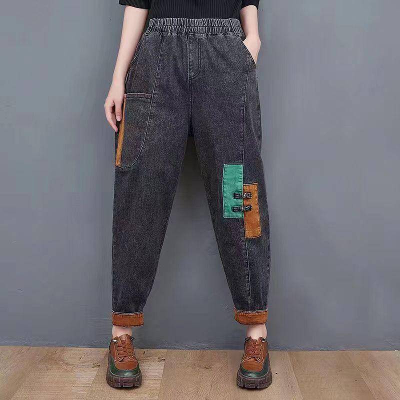Herbst und Winter Art Retro Patchwork Single Velvet Jeans für Damen Hohe Taille Lose Schlank Vielseitige Dad Haremshose Trendy XL von Joom DACH