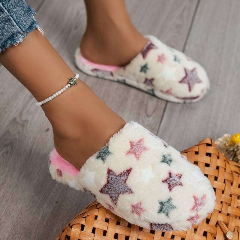 Herbst und Winter Bunte Stern Plüschgefütterte Warme und Bequeme Geschlossene Flauschige Hausschuhe für Damen, Hausschuhe 38-39 beige von Joom DACH