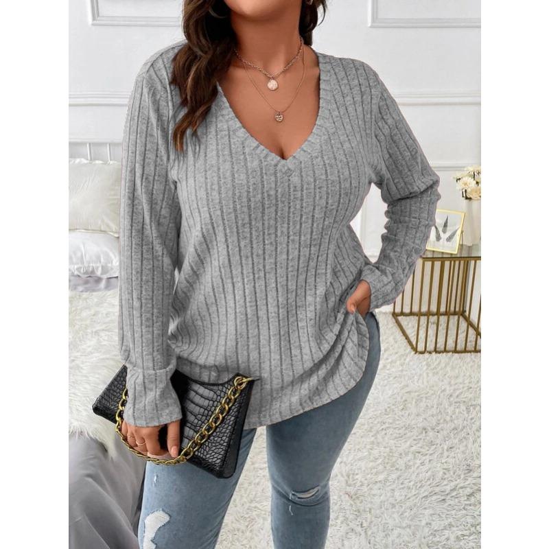 Herbst und Winter Damen Bluse Einfarbig Große Größen Damen Oberteile V-Ausschnitt Langarm Pit-Stripe Gefräst Locker 2XL licht grau von Joom DACH